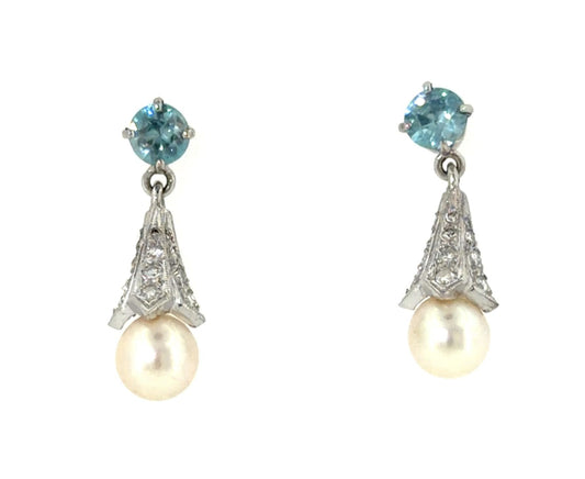 .70ct Diamond 1.60ct Blue Zircon + Pearl 14KW Gold Drop Earrings 4.50g 1"