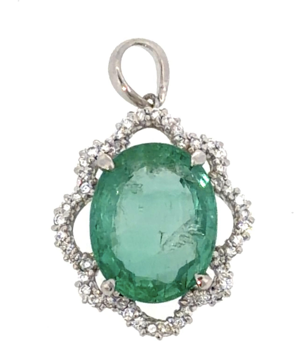 6.49ct Emerald Platinum Pendant .36ct Diamond 7.50g 14KW Chain 16"