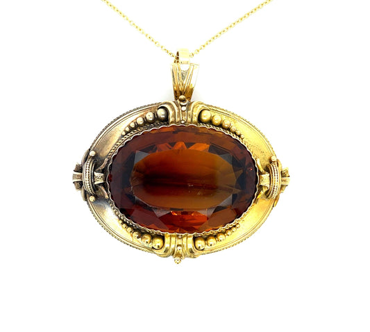 Victorian (Circa 1870s) 75ct Madeira Citrine 14KY Gold Antique Pendant/Brooch