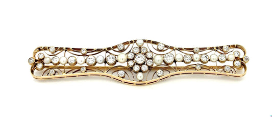 Victorian (Circa 1880s) 2ct Old Mine Cut Diamonds (35 Stones) Natural Pearls 14K