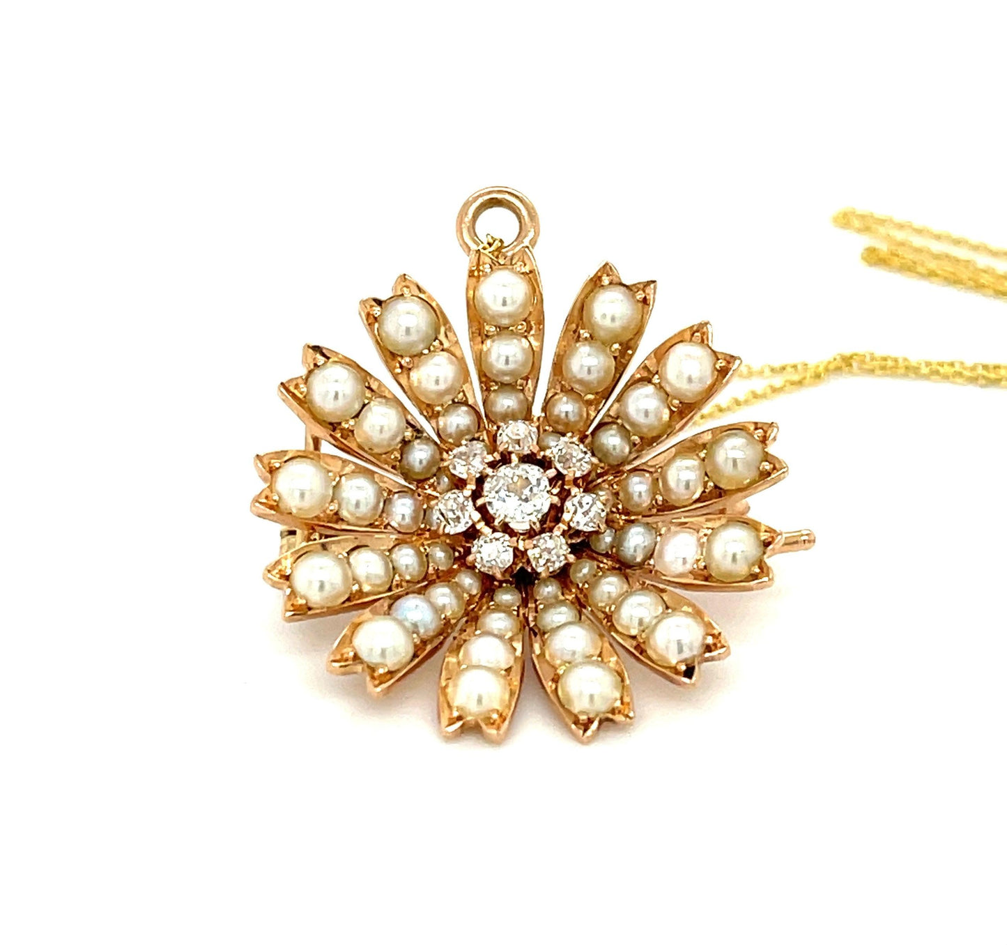 Victorian (Circa 1890s) .50ct Old Mine Dia + Seed Pearl 14KY Pendant/Pin