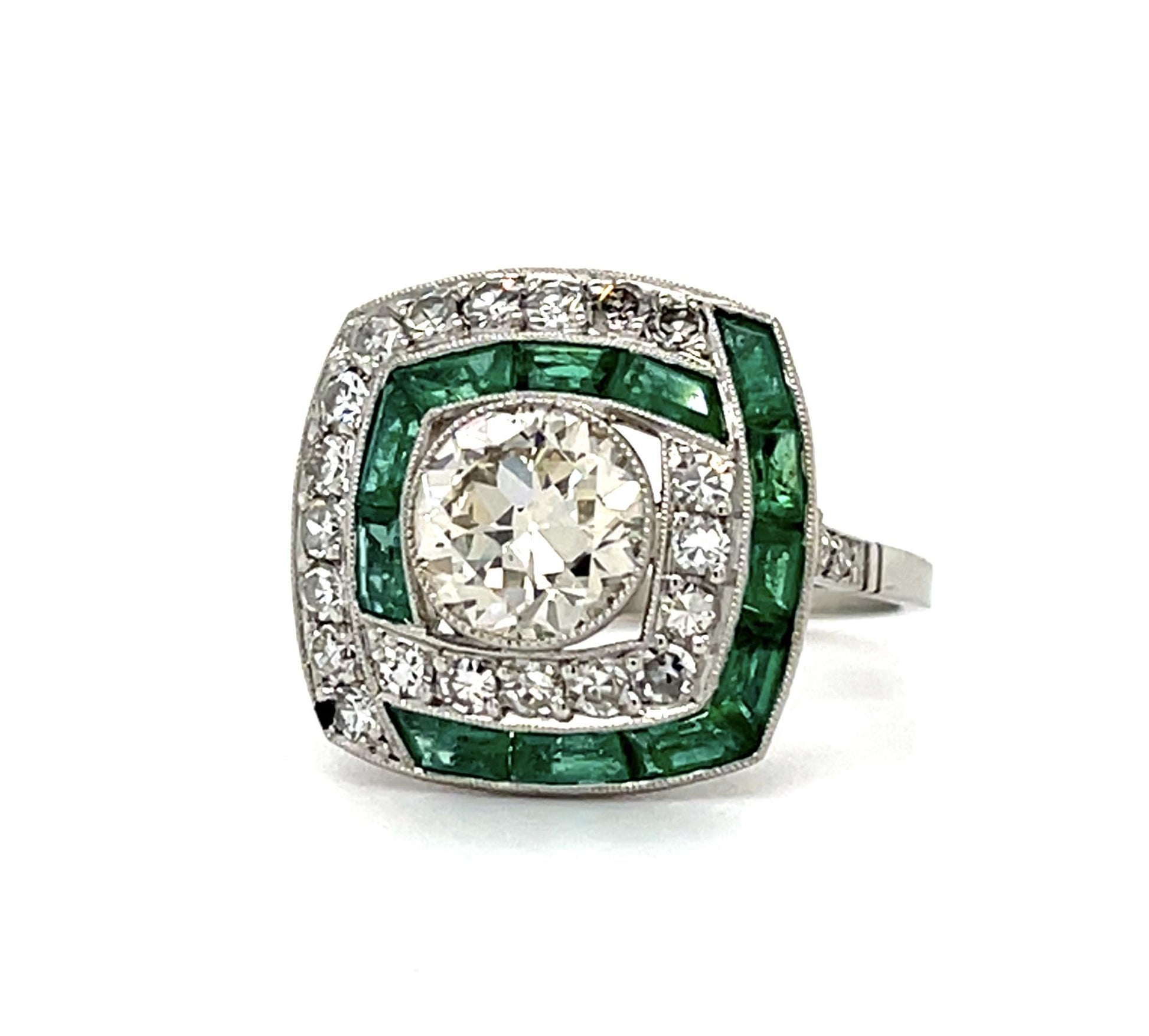 1.43ct Old European Cut Diamond 1ct Emerald .92ct SD Handmade Platinum Ring 7.50