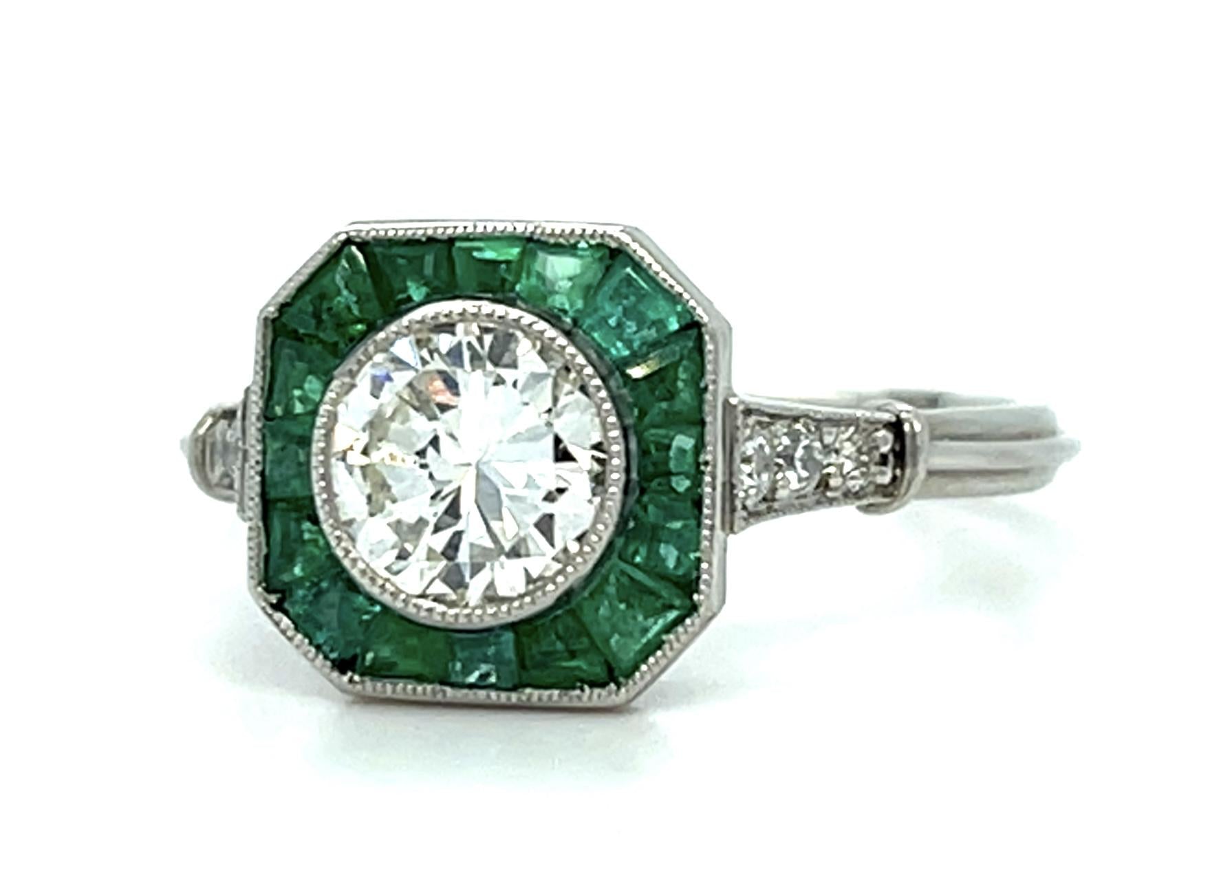 .74ct Round Brilliant Diamond .84ct Emerald Platinum Handmade Ring .18ct SD