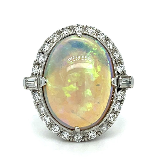 Original 5.50ct Australian Crystal Opal .80ct Diamond Platinum Ring (1950s)