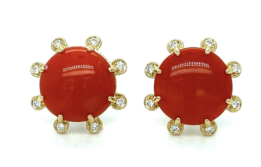 9.25ct Coral .18ct Diamond 18KY Stud Earrings 8g .75" Length