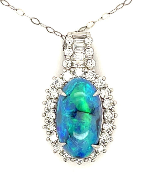 5.26ct Australian Black Opal PT 900 Ring (Estate 1970s) .88ct Diamond 7.10g 18"