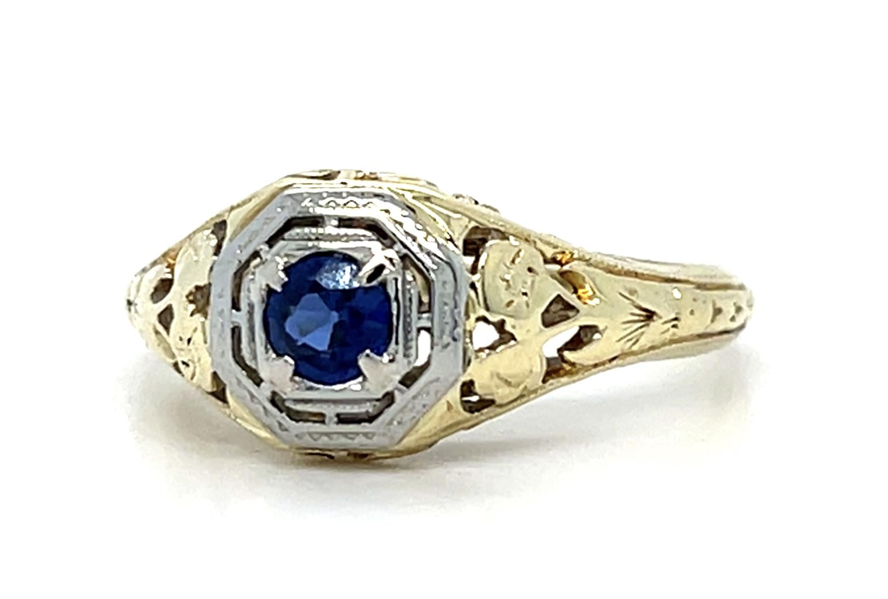 Original Art Deco .12ct Sapphire 14K 2 Tone Ring (Antique 1920s) 2.18g 5.75 Size