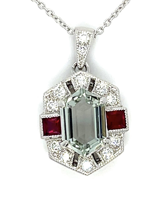 1.57ct Aquamarine .32ct Ruby 18KW Pendant .29ct Diamond 5.60g 14KW Chain 16"