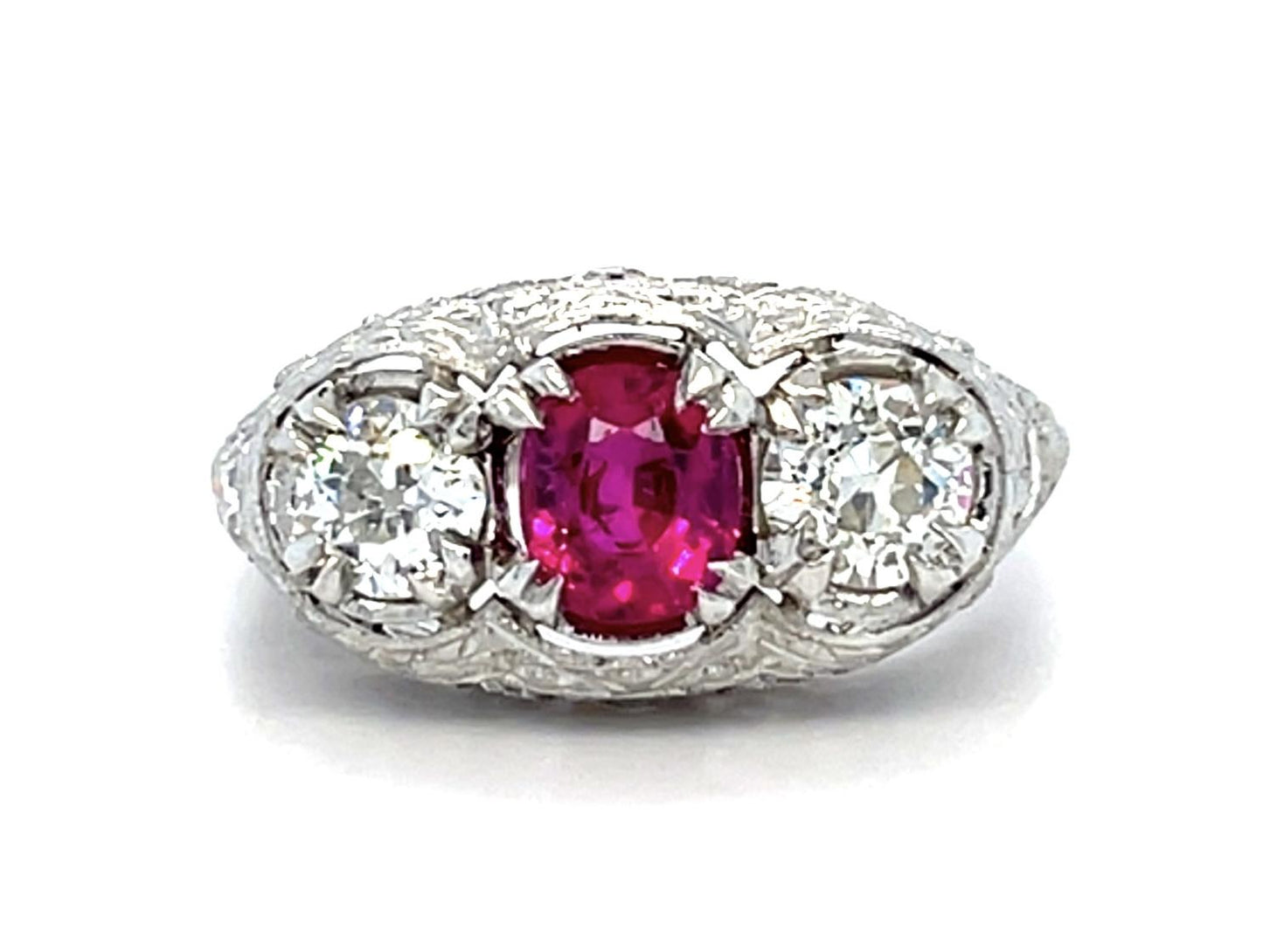 Art Deco .90ct Ruby .80ct Diamond Hand Engraved Platinum Ring (Vintage 1930s)