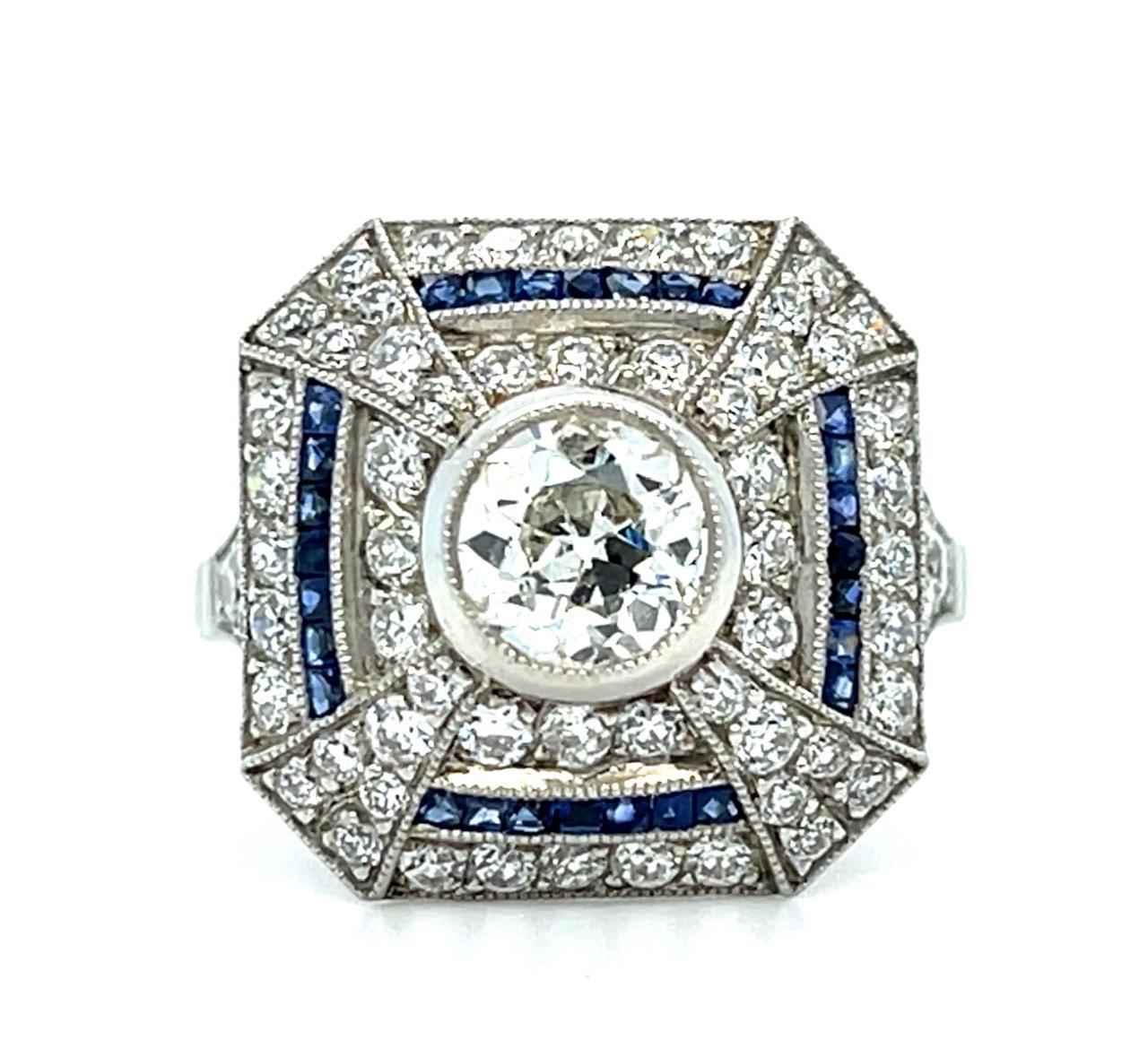 .76ct Old European Diamond .36ct Sapphire Platinum Handmade Ring 1.60ct SD 7.10g