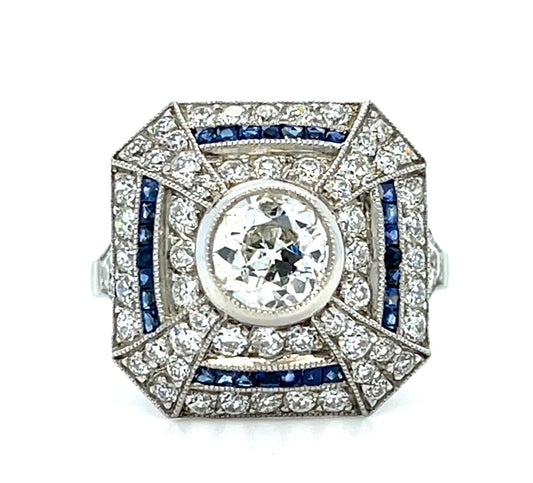 .76ct Old European Diamond .36ct Sapphire Platinum Handmade Ring 1.60ct SD 7.10g
