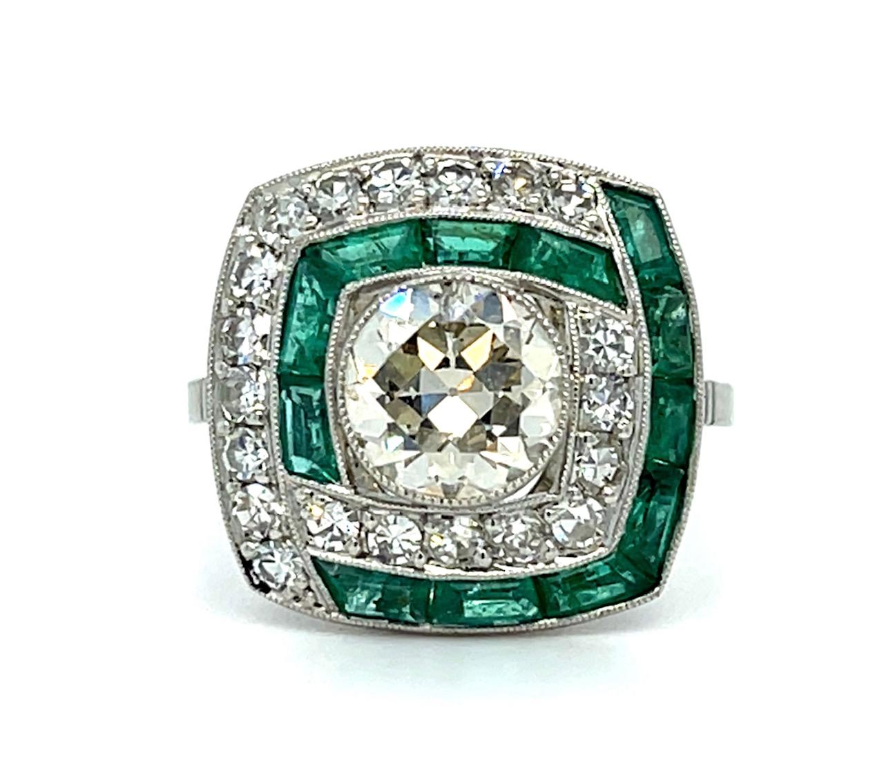 1.43ct Old European Diamond 1ct Emerald Platinum Handmade Ring .66ct SD 5.74g