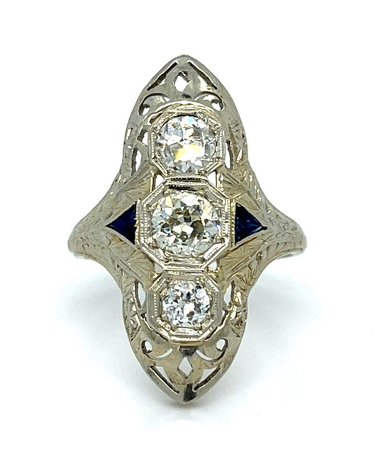 Art Deco 1ct Diamond Old Euro Diamond 18KW Ring (Vintage 1930s) 3.90g 7 Size