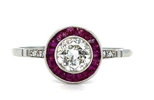 .61ct Old European Diamond .42ct Ruby Platinum Handmade Ring 2.20g 7.25 Size
