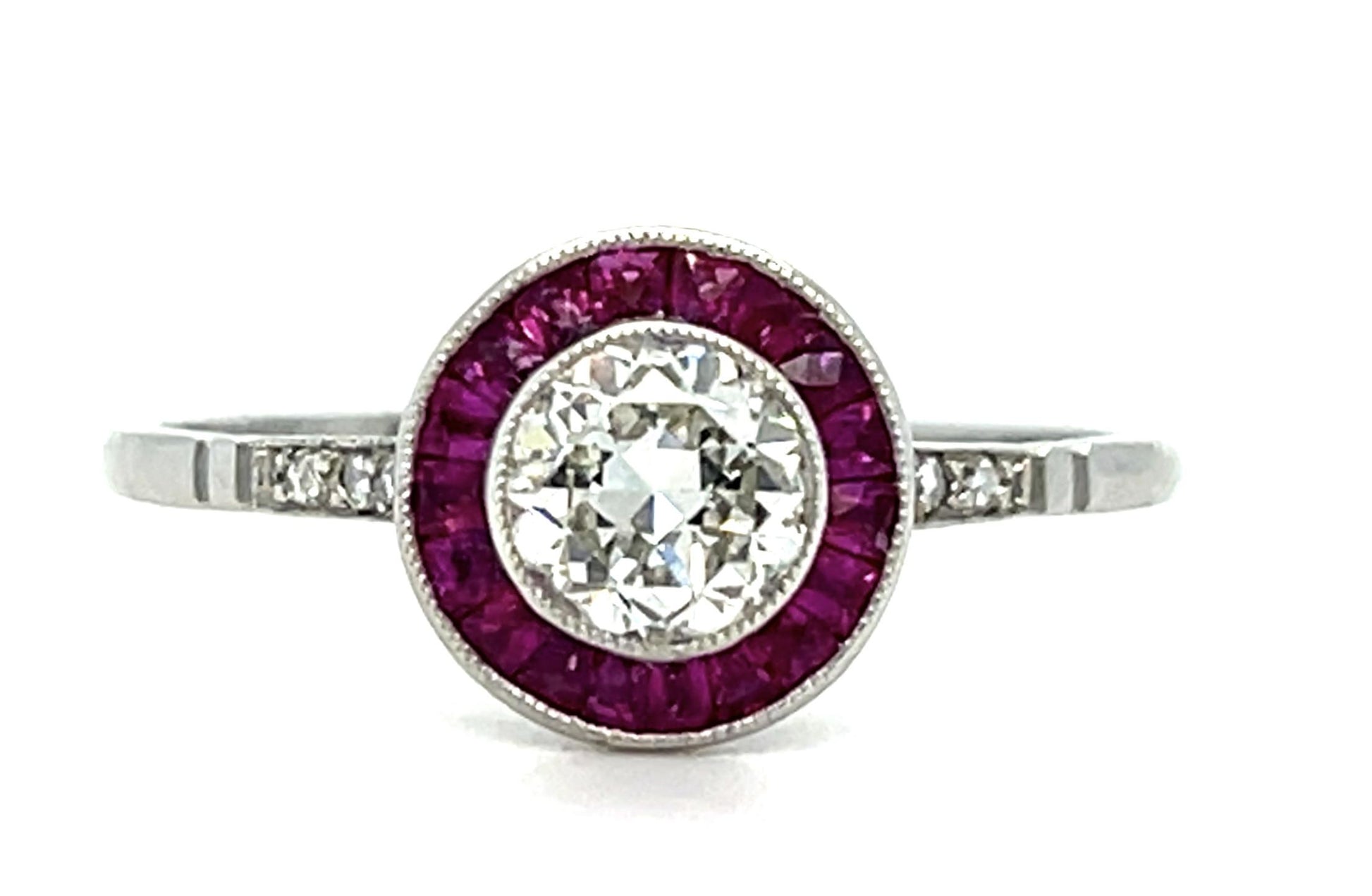 .61ct Old European Diamond .42ct Ruby Platinum Handmade Ring 2.20g 7.25 Size
