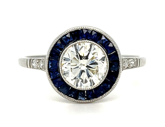 1.10ct Old Euro Diamond .85ct Sapphire Platinum Handmade Ring 3.20g 7.75 Size