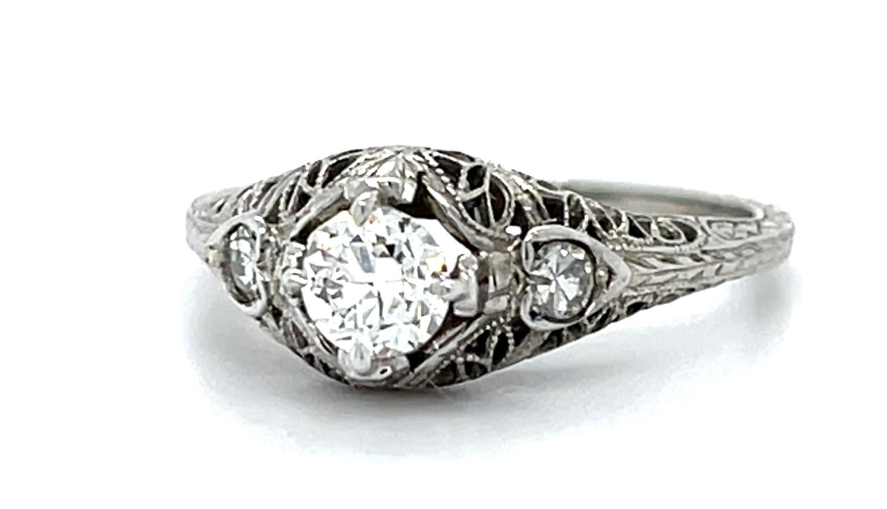 Original Art Deco .38ct Exact Old European Diamond 14KW Ring (Vintage 1930s)