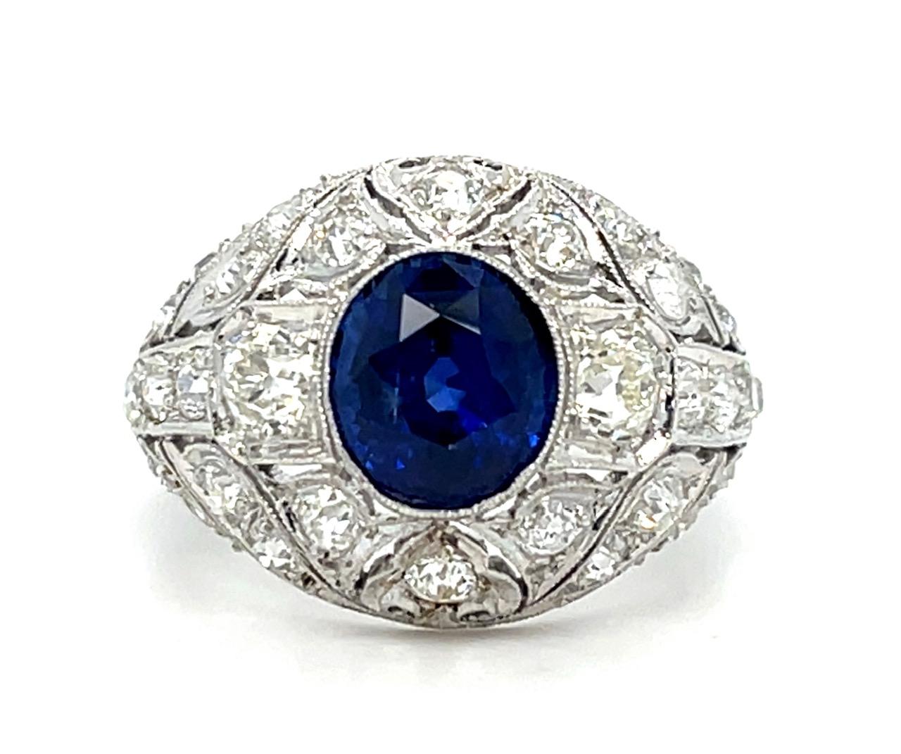 Estate  2.14ct Sapphire &  2.10ctw Diamond PT  Art Deco Ring Circa 1920s