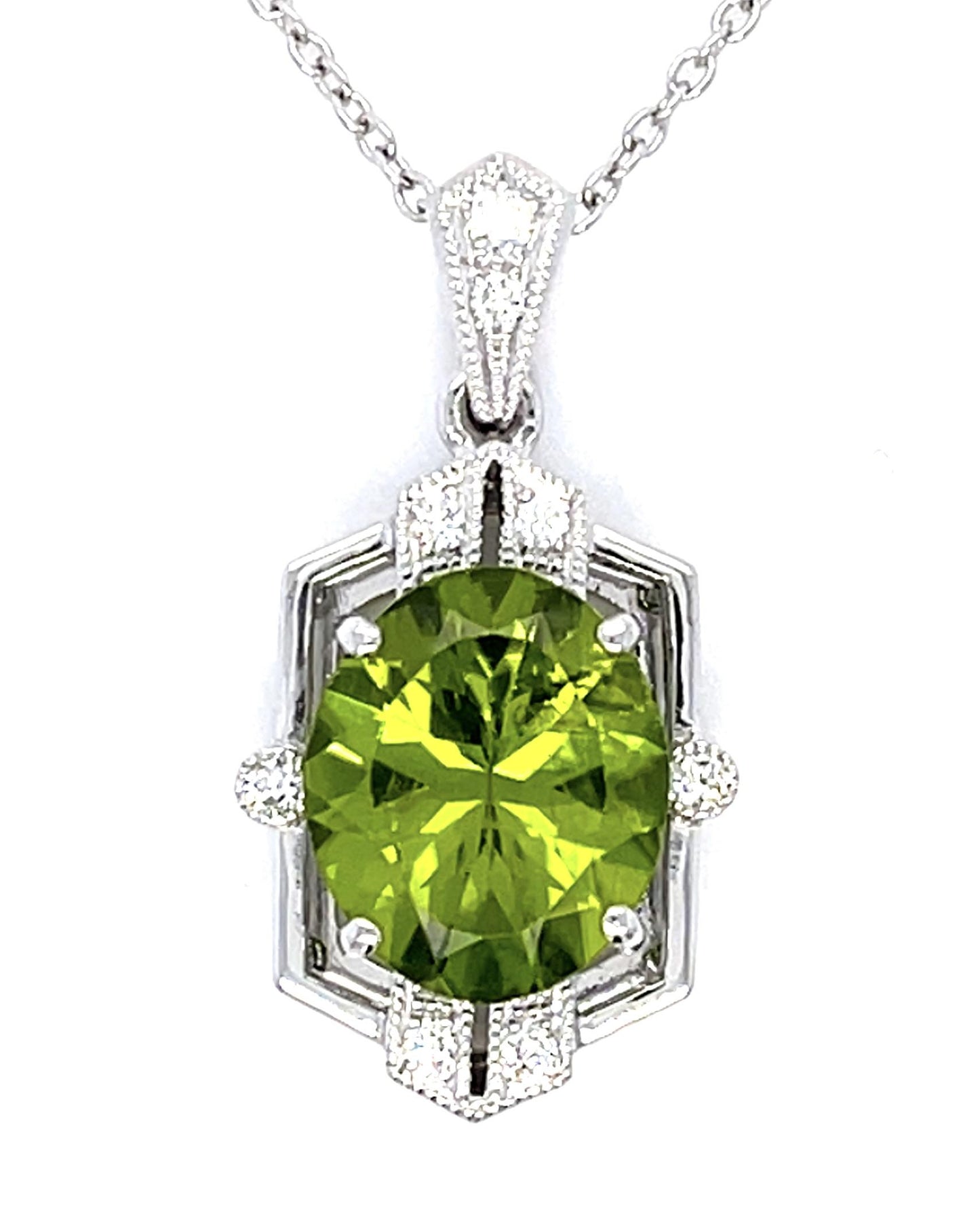 3.99ct Peridot .14ct Diamond 18KW Pendant 6.50g 14KY Chain 18"