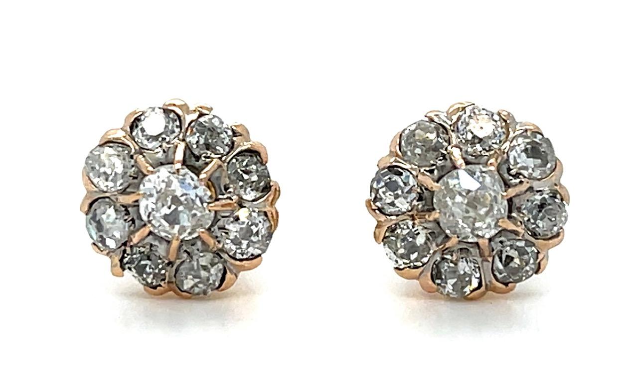 Original Victorian 1.10ct Old Mine Diamonds 14KY Stud Earrings (Antique 1890s)