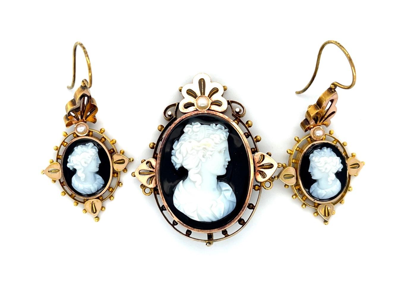 Original Victorian Carved Cameo 15KY Earrings (No Brooch) (Antique 1860s) 26.50g