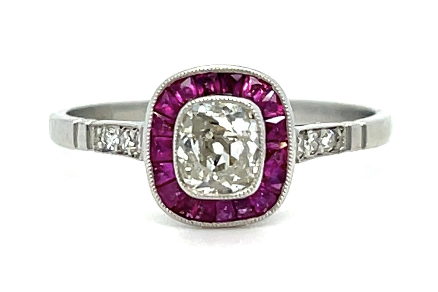 .48ct Cushion Diamond .44ct Ruby Platinum Handmade Ring 2.70g 7.25 Size