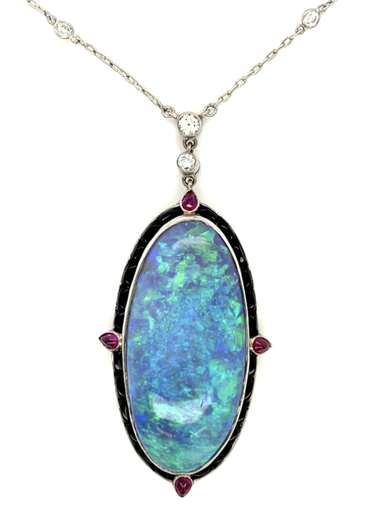 29.50ct Black Australian Crystal Opal Platinum Necklace 1ct Ruby 1ct Diamond