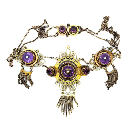 Original Victorian 18ct Amethyst 14KY Antique Necklace with tassels (c 1870s)