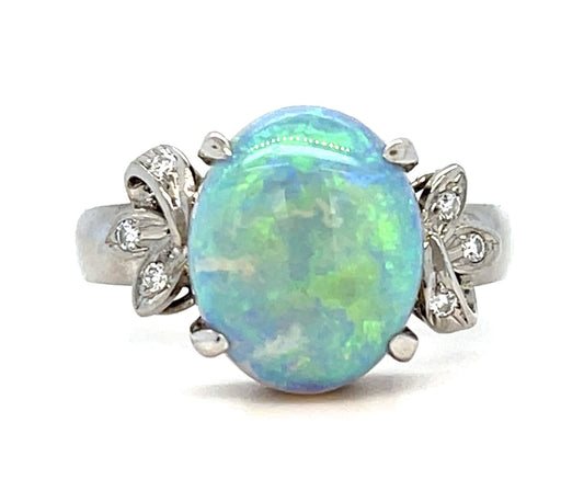 2.50ct Australian Opal .12ct Diamond 13KW Ring (Vintage 1950s) 8.50 Size 4.16g