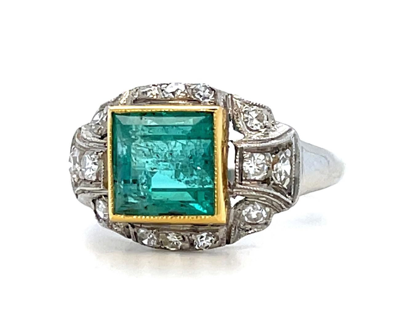 Art Deco 1.50ct Emerald .30ct Diamond Platinum+18KY Ring (Vintage 1930s) 3.63g