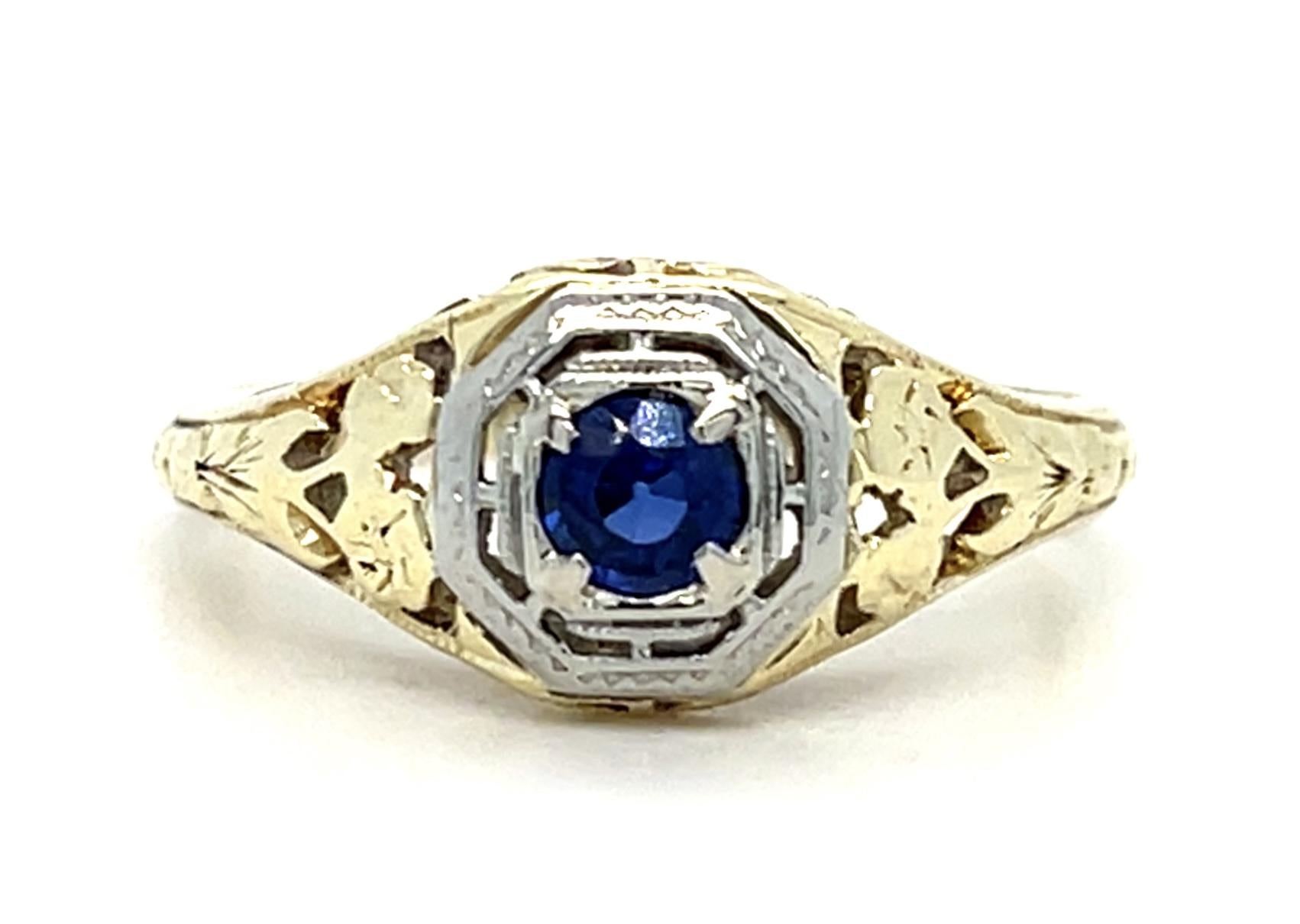 Original Art Deco .12ct Sapphire 14K 2 Tone Ring (Antique 1920s) 2.18g 5.75 Size