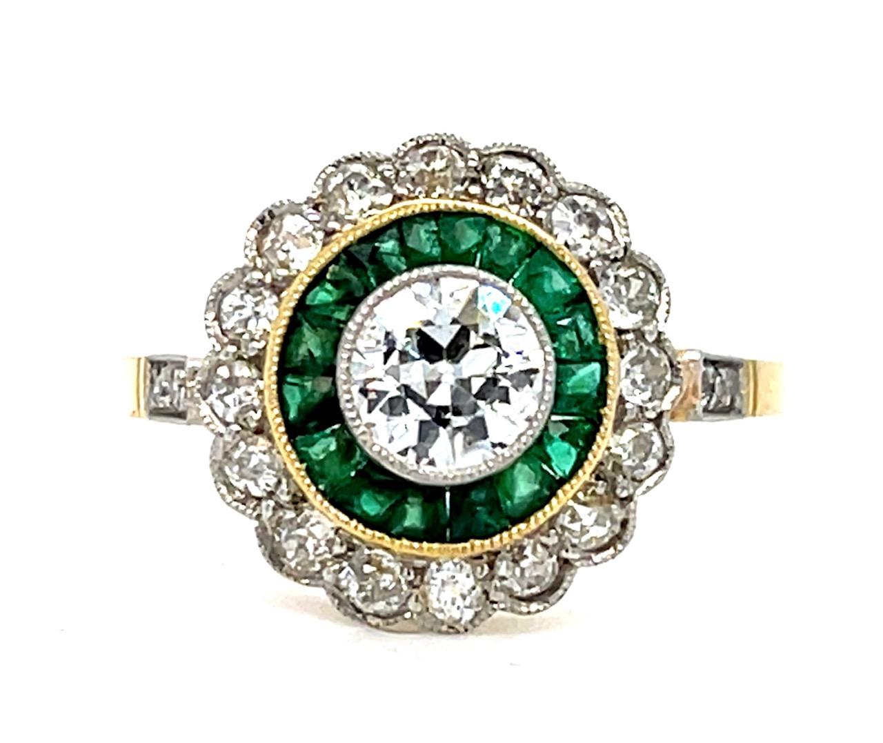 .40ct Old European Diamond .66ct Emerald Platinum+18KY Handmade Ring .74ct SD