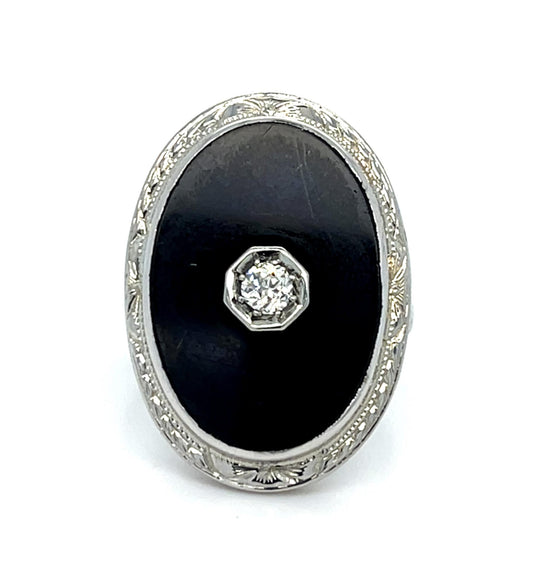 Original Art Deco .14ct Old European Diamond Onyx 18KW Ring (Antique 1920s)