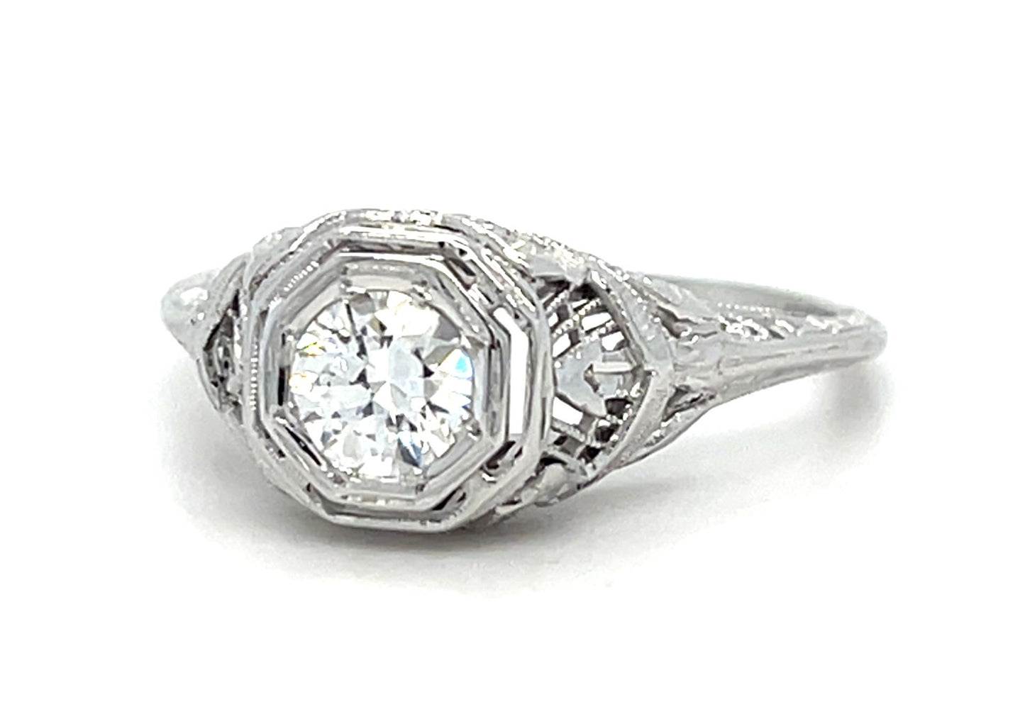 Art Deco .35ct European Diamond 18KW Ring (Circa 1930s) 2.67g 7.25 Size