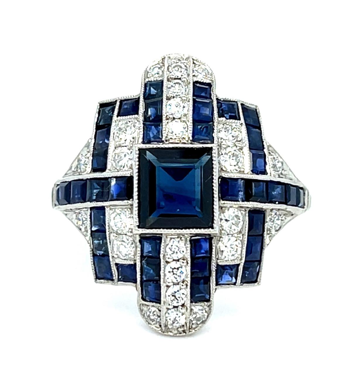 1ct+ Center Sapphire .90ct Diamonds Platinum Handmade Ring 2.60ct Side Sapphire