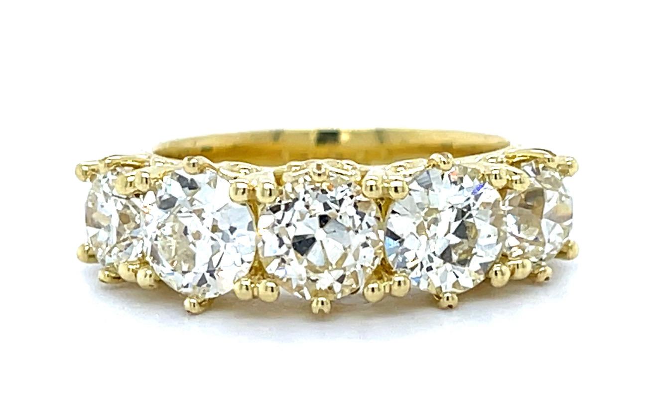 3.62ct Old European Diamond 18KY Five Stone Ring 8g 6.75 Size