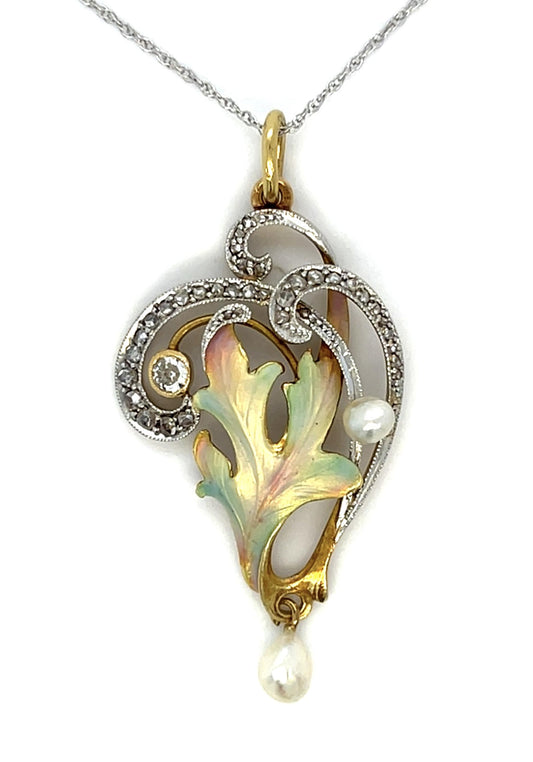 Original Art Nouveau .20ct Center Dia Natural Pearl 18KY Pendant (Antique 1910s)