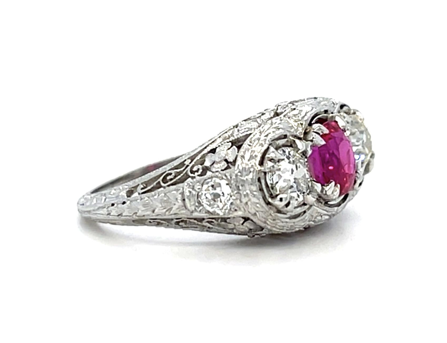 Art Deco .90ct Ruby .80ct Diamond Hand Engraved Platinum Ring (Vintage 1930s)