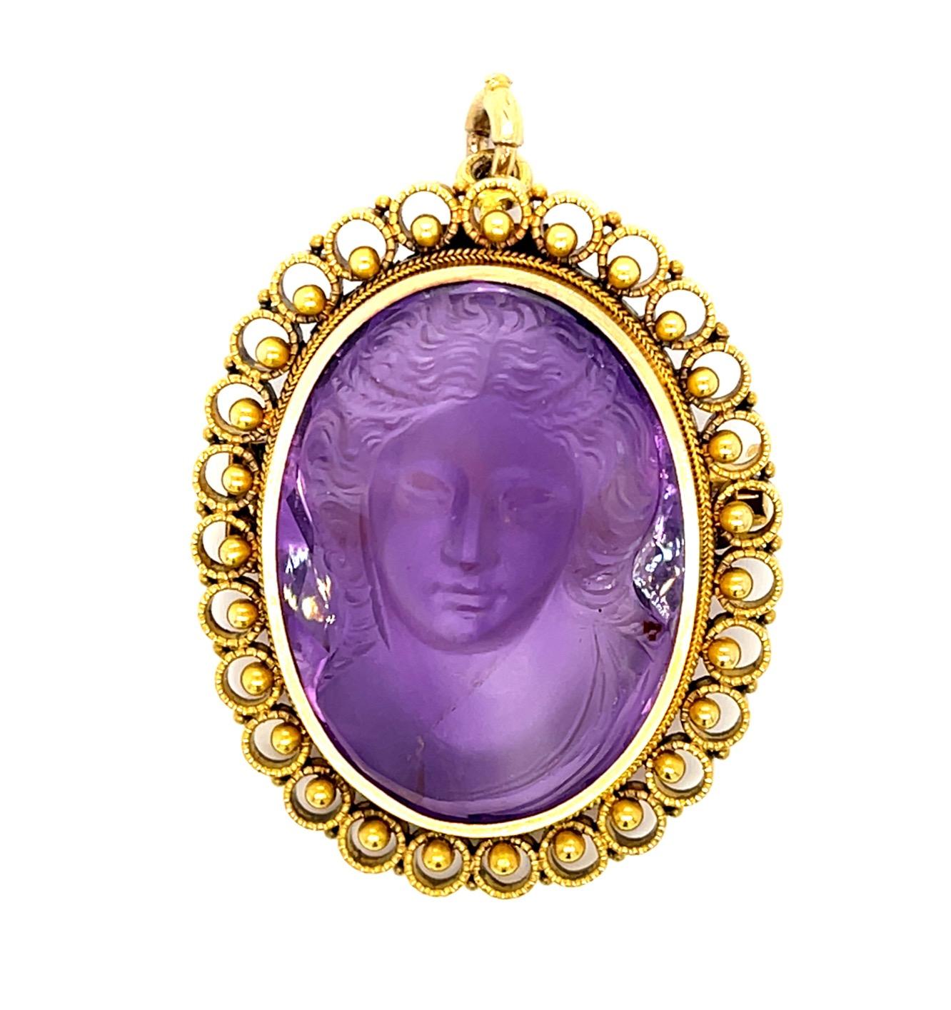 Victorian 60ct Carved Lady Amethyst 14KY Handmade Pendant Brooch (Antique 1890s)