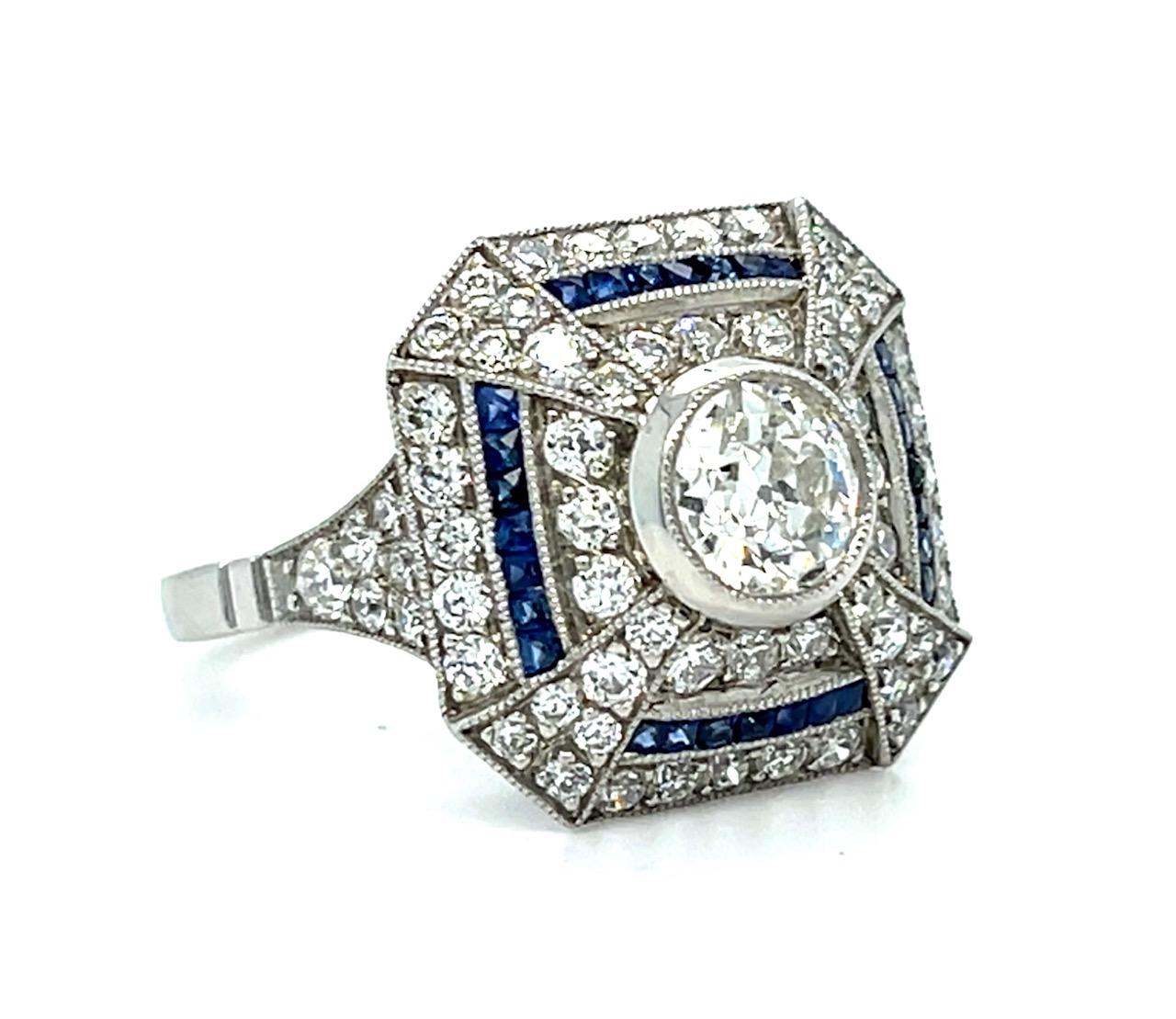 .76ct Old European Diamond .36ct Sapphire Platinum Handmade Ring 1.60ct SD 7.10g