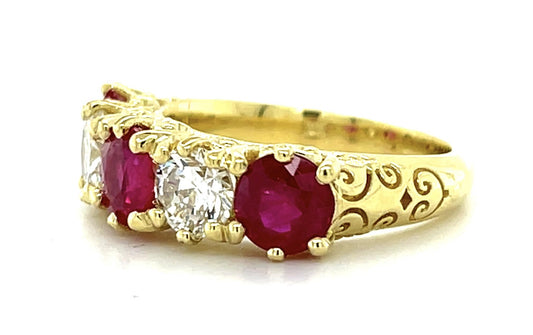 2.46ct Ruby .63ct SI1 G Dia .61ct H-I Dia 18KY Five Stone Ring 7.25g 6.75 Size