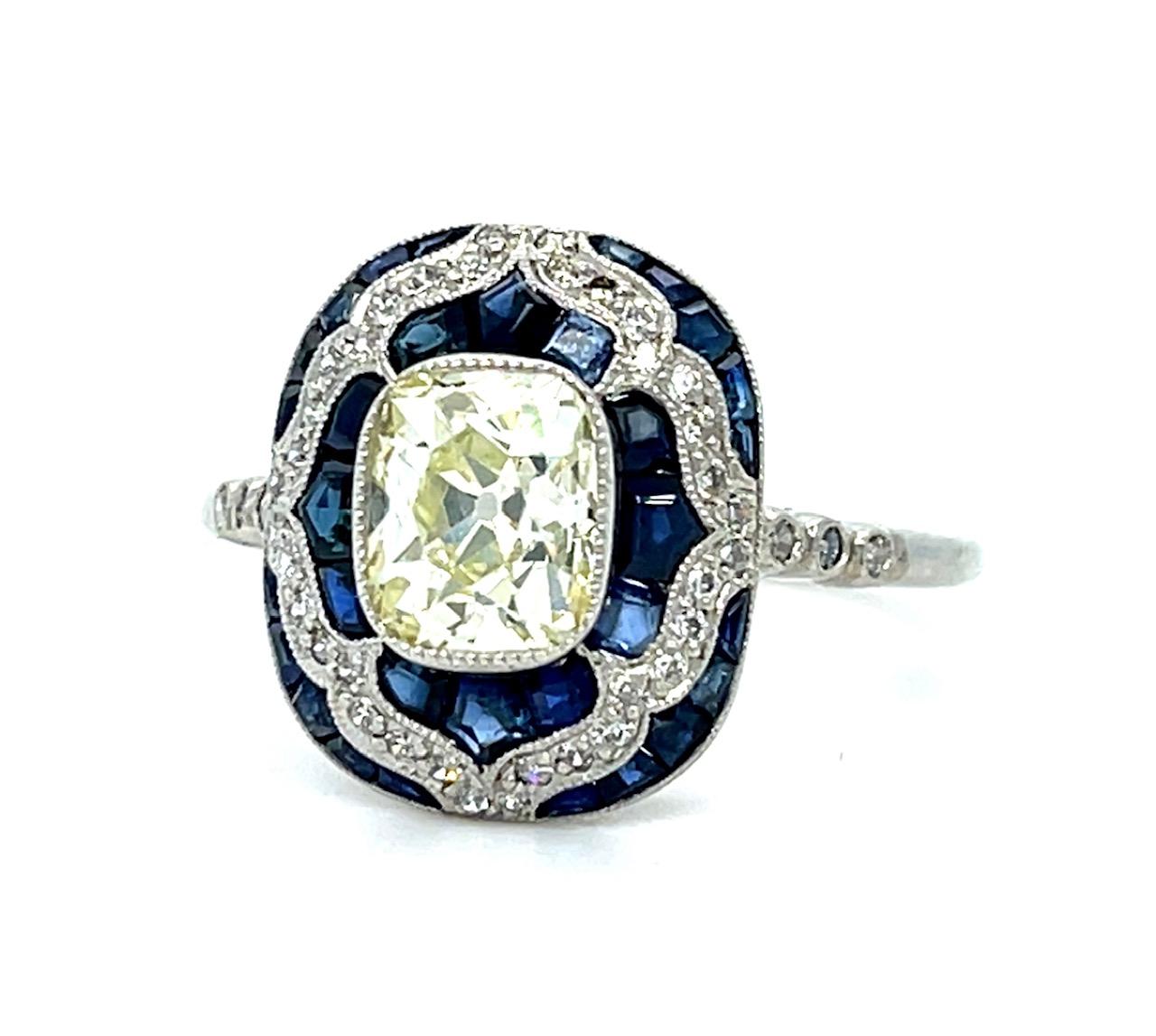 1.16ct Cushion Diamond 1.80ct Sapphire Handmade Platinum Ring .48ct SD 4.22g 7