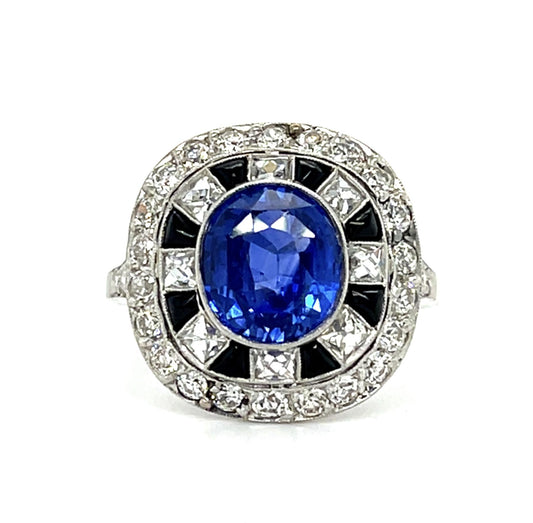 2.77ct Sapphire Handmade Platinum Ring .62ct French Cut (8 Diamonds), Onyx .85ct