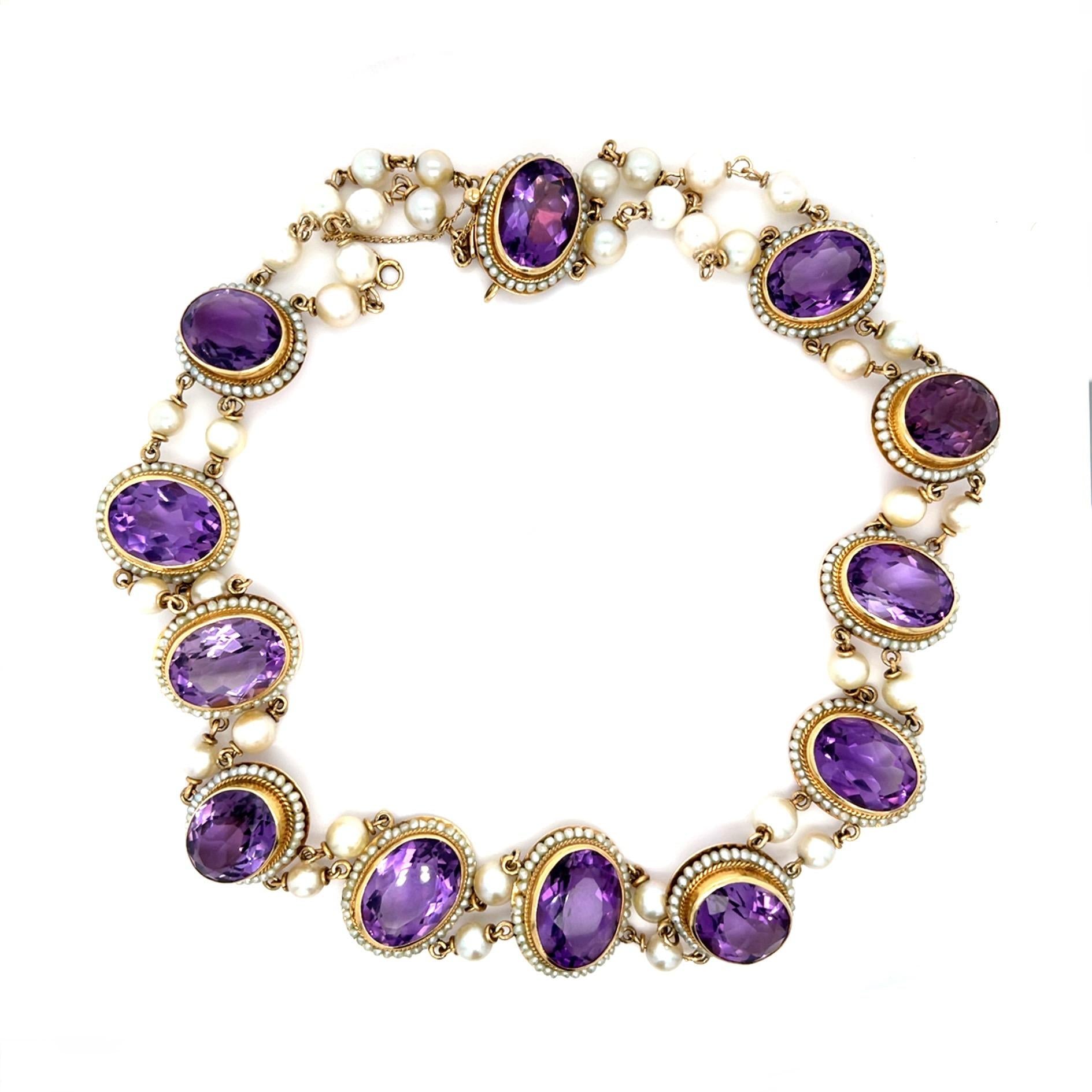 120ct Amethyst 5.60mm Pearls 14KY Necklace (Vintage 1960s) 62.30g 17"