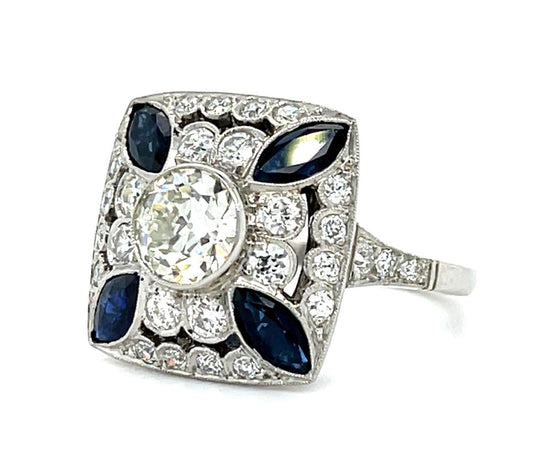 .97ct Old European Diamond 1ct Sapphire Platinum Handmade Ring 1ct SD 6.80g