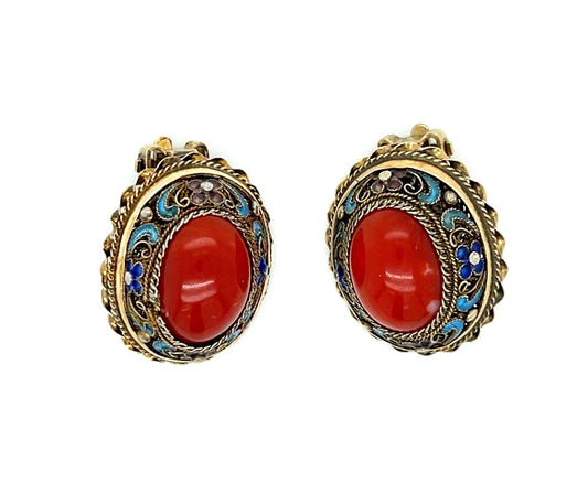 Red Coral & Enamel 14KY Vintage Earrings (Vintage 1940s) (14x10)