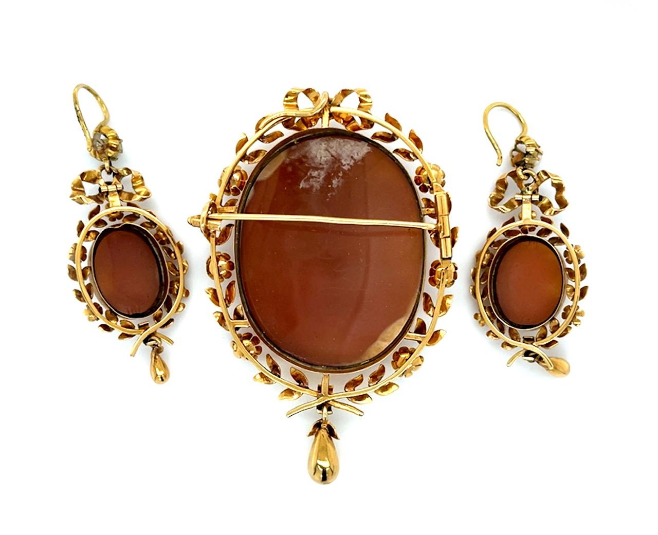 Victorian Cameo 14KY Pendant Earrings Brooch Natural Pearl with box