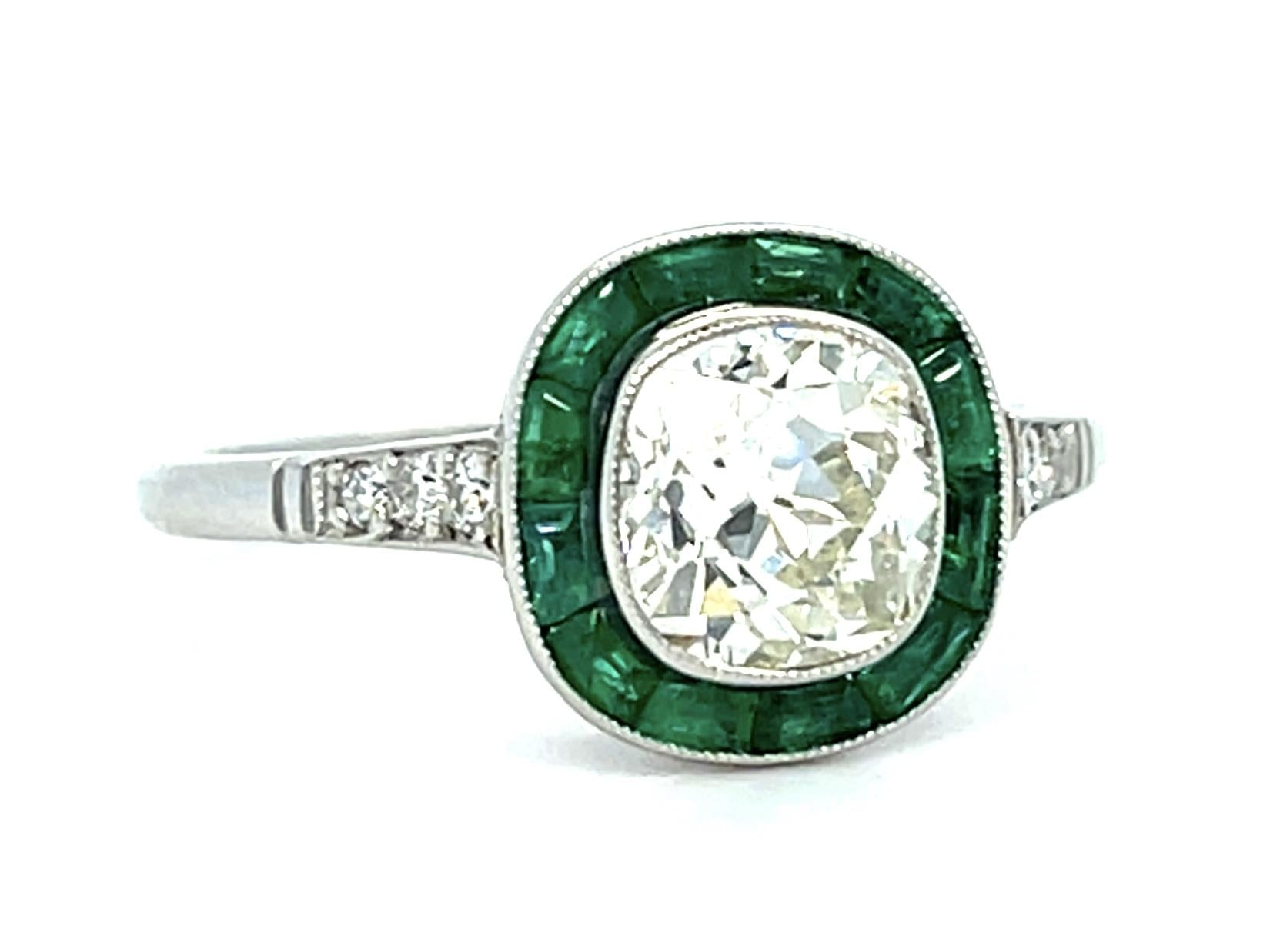 1.18ct Old Mine Diamond .78ct Emerald Platinum Handmade Ring 3.90g 6.75 Size