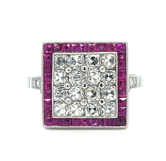 1.90ct French Cut Diamonds 1.40ct Ruby Platinum Handmade Ring 7g 7 Size