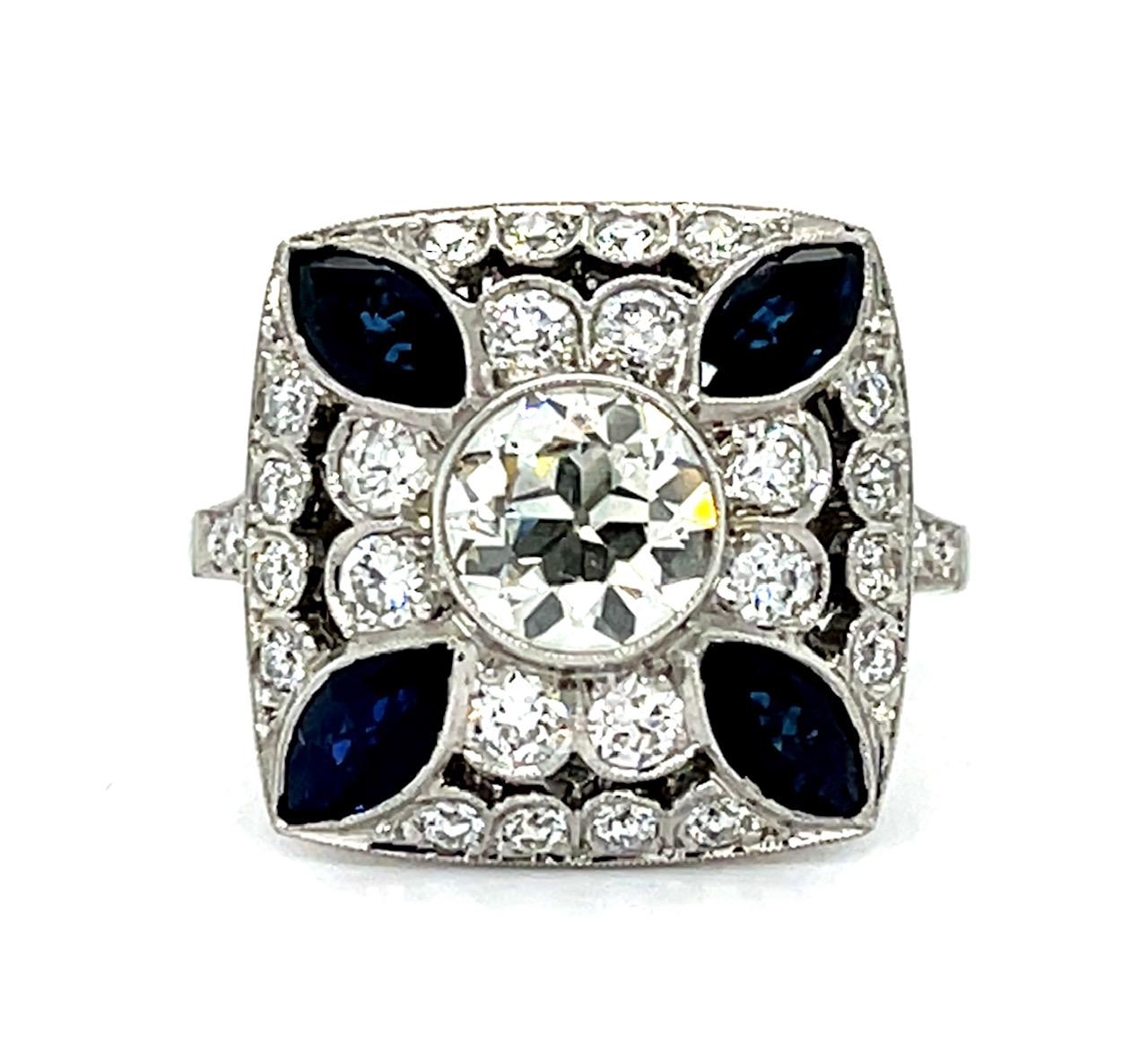 .97ct Old European Cut Diamond 1ct Sapphire .90ct SD Platinum Handmade Ring 6.73